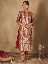 Women's Brown Woven Design Straight Kurta Trouser with Dupatta Set