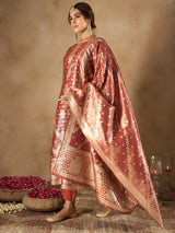 Women's Brown Woven Design Straight Kurta Trouser with Dupatta Set