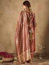 Women's Brown Woven Design Straight Kurta Trouser with Dupatta Set