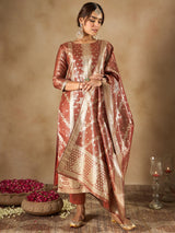 Women's Brown Woven Design Straight Kurta Trouser with Dupatta Set