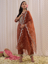Women's Brown Embroidered Straight Kurta Trouser with Dupatta Set
