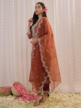 Women's Brown Embroidered Straight Kurta Trouser with Dupatta Set