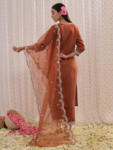 Women's Brown Embroidered Straight Kurta Trouser with Dupatta Set