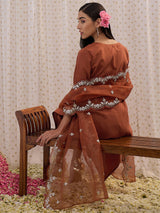 Women's Brown Embroidered Straight Kurta Trouser with Dupatta Set