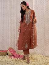 Women's Brown Embroidered Straight Kurta Trouser with Dupatta Set