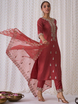 Women's Pink Embroidered Straight Kurta Trouser with Dupatta set