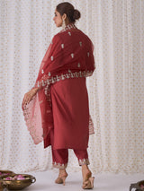 Women's Pink Embroidered Straight Kurta Trouser with Dupatta set