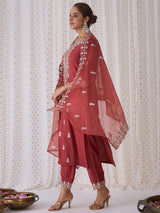 Women's Pink Embroidered Straight Kurta Trouser with Dupatta set