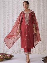 Women's Pink Embroidered Straight Kurta Trouser with Dupatta set