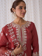 Women's Pink Embroidered Straight Kurta Trouser with Dupatta set