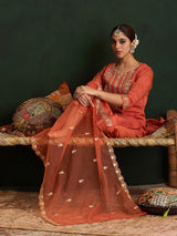 Women's Orange Embroidered Straight Kurta Trouser with Dupatta set