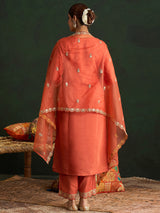 Women's Orange Embroidered Straight Kurta Trouser with Dupatta set