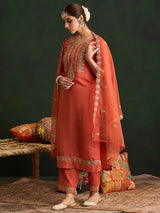 Women's Orange Embroidered Straight Kurta Trouser with Dupatta set