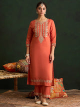 Women's Orange Embroidered Straight Kurta Trouser with Dupatta set