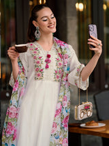 Women's White Embroidered A-Line Kurta Trouser with Dupatta Set