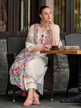 Women's White Embroidered A-Line Kurta Trouser with Dupatta Set