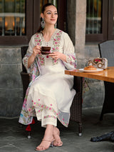 Women's White Embroidered A-Line Kurta Trouser with Dupatta Set