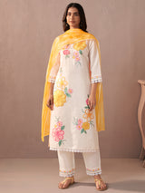 Women's White Embroidered Straight Kurta Trouser with Dupatta Set