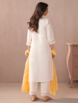 Women's White Embroidered Straight Kurta Trouser with Dupatta Set