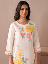 Women's White Embroidered Straight Kurta Trouser with Dupatta Set
