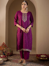 Women's Purple Embroidered Straight Kurta Trouser with Dupatta Set