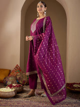 Women's Purple Embroidered Straight Kurta Trouser with Dupatta Set