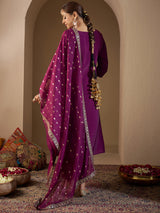 Women's Purple Embroidered Straight Kurta Trouser with Dupatta Set