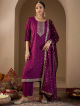 Women's Purple Embroidered Straight Kurta Trouser with Dupatta Set