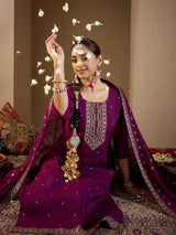 Women's Purple Embroidered Straight Kurta Trouser with Dupatta Set