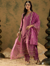 Women's Purple Straight Embroidered Kurta Trouser with Dupatta Set