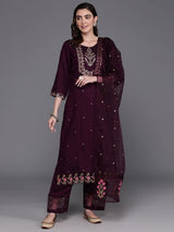 Women's Purple Embroidered Straight Kurta Trouser with Dupatta Set
