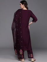 Women's Purple Embroidered Straight Kurta Trouser with Dupatta Set