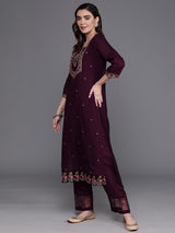 Women's Purple Embroidered Straight Kurta Trouser with Dupatta Set