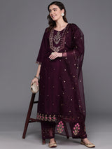 Women's Purple Embroidered Straight Kurta Trouser with Dupatta Set