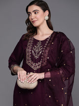 Women's Purple Embroidered Straight Kurta Trouser with Dupatta Set