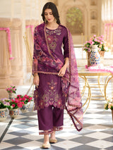 Women's Purple Embroidered Straight Kurta Trouser with Dupatta Set