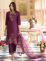 Women's Purple Embroidered Straight Kurta Trouser with Dupatta Set
