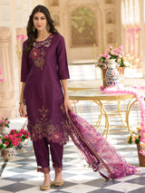 Women's Purple Embroidered Straight Kurta Trouser with Dupatta Set