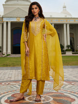 Women's Yellow Embroidered Straight Kurta Trouser with Dupatta Set