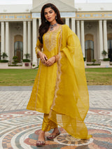Women's Yellow Embroidered Straight Kurta Trouser with Dupatta Set