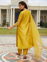 Women's Yellow Embroidered Straight Kurta Trouser with Dupatta Set