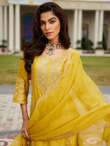 Women's Yellow Embroidered Straight Kurta Trouser with Dupatta Set