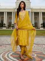 Women's Yellow Embroidered Straight Kurta Trouser with Dupatta Set