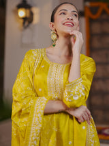 Women's Yellow Embroidered Straight Kurta Trouser with Dupatta set