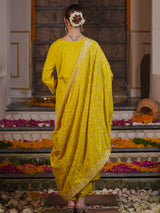 Women's Yellow Embroidered Straight Kurta Trouser with Dupatta set