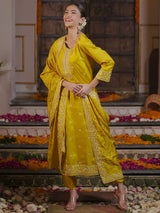 Women's Yellow Embroidered Straight Kurta Trouser with Dupatta set
