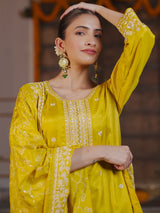 Women's Yellow Embroidered Straight Kurta Trouser with Dupatta set