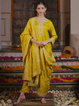 Women's Yellow Embroidered Straight Kurta Trouser with Dupatta set