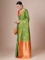Women's Pure Silk Green Woven Design Designer Saree With Blouse Piece