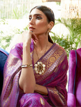 Women's Silk Blend Pink Woven Design Handloom Saree with Blouse Piece